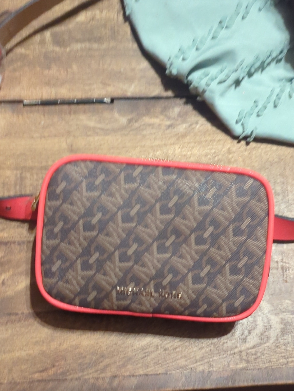 Michael Kors Brown Monogram Belt Bag with Coral Trim